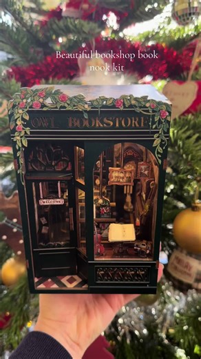 Gorgeous Owl Bookstore book nook kit to build yourself. It’s a fun and easy build that uses very little glue as the vast majority of the wooden pieces simply slot together. It looks adorable on any shelf or bookcase. #booknook #crafts #tiktokmademebuyit #bookshop #miniature