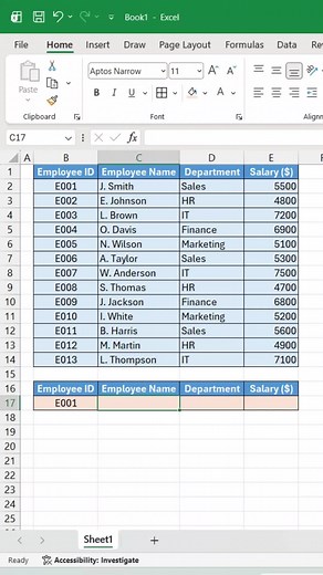 Excel XLOOKUP Function 😱 | Find Anything Instantly in Seconds 💥 XLOOKUP is one of the most powerful Excel functions! 🔥 With just one formula, you can instantly retrieve Employee ID, Name, Department, Salary, and more from your data. =XLOOKUP(B16, B2:B13, C2:E13). Simply enter the lookup value, select the lookup column, then select the return range. Press Enter, and Excel instantly brings back the matching data! ⚡ Forget the limitations of old VLOOKUP. XLOOKUP is faster, more flexible, and the