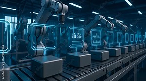 AI processing industry production uses robotic arm and conveyor belt technology for efficient automation, enhancing manufacturing quality Stock ビデオ