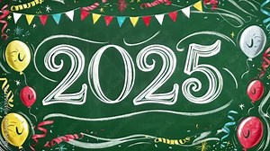 A festive white 2025 text on green background greeting card design with vintage elements and a decorated tree illustration
