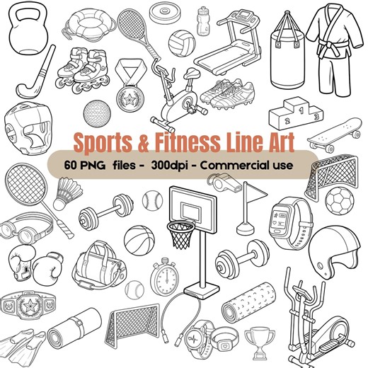 Sports Line Art Clipart Bundle, Fitness Equipment Outline PNG, Gym Exercise Icons, Athletic Training Graphics - Etsy