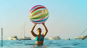 SLOW MOTION, CLOSE UP, DOF: Young woman wearing a blue bikini plays with huge inflatable ball on a sunny summer evening. Female tourist bounces beach ball off her fingertips while playing in ocean Stock Video