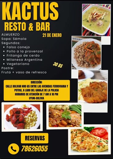 Kactus Resto & Bar 🌵 Desde 1992 satisfaciendo los paladares más exigentes 👌 👉 Ven a comer deli al primer restaurante de sal calientito 🔥😯🤩 un riquísimo almuerzo con variedad de segundos más opción vegetariana e incluye ensaladas buffet 🥗🥗🤩🤩 Menú 22/01/26: Sopa: Sémola Segundos a elección: * Falso conejo * Milanesa de carne * Fritanga de cerdo * Pollo a la provenzal * Vegetariano Postre: 🍉 🥤 Precio: 30 bs 👉 Para pedidos y reservas, entra al siguiente enlace whatsApp 👇: https://wa.li