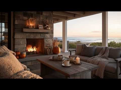 Cozy Fall Fireplace Ambience with Crackling Fire & Ocean Waves ASMR | Relaxation & Focus Sounds