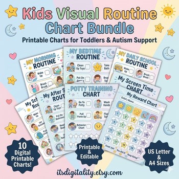 Kids Routine Chart Bundle, Toddler Visual Schedule, Daily Chore Tracker, Morning