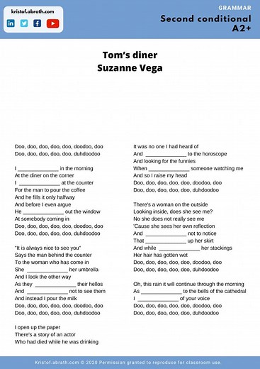 Present continuous song Tom's diner worksheet