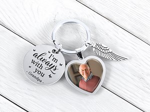 Personalized Memorial Photo Keychain: Engraved Disc, Heart & Wing Charms - Etsy