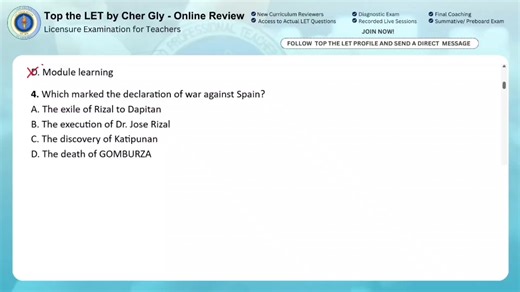 JOIN TOP THE LET BY CHER GLY ONLINE REVIEW and get access to New curriculum reviewers!✨ 📚 GEN ED & PROF ED ✅Access to actual questions from the previous exams: Gen Ed & Prof Ed (2015-2025) 📍General Education 📍Professional Education ✅New Curriculum Drills ✅JOSE RIZAL book/notes ✅Recorded Live Sessions ✅ Books - LET Comprehensive Reviewer LET -TOS (Gen Ed & Prof Ed) ✅Scantron Answer sheet (to print) ✅NOTES and Blessings From Final Coaching ( Prof Ed & Gen Ed) ✅ACCESS TO WEEKLY SUMMATIVE Examina