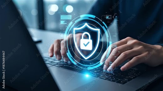 Data protection and cyber security. Secure VPN access and zero trust information security. Businessperson using laptop computer with an encrypted connection in network system.