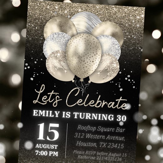 Editable Light Gold Silver Balloons Adult Birthday Invitation, Let's Celebrate Balloon Invite, Digital Download - Etsy
