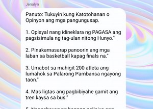 Panuto: Tukuyin kung Katotohanan o Opinyon ang mga pangungusap.... | Filo