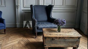 A blue wingback chair sits next to a rustic wooden coffee table in a room with gray walls and hardwood floors