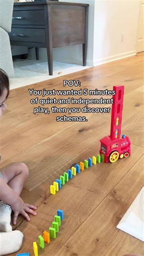 Imagine your child sets up little blocks, and then the toy train nudges them into a perfect line. It looks like just play, but it’s actually a trajectory schema in action. A schema is a pattern of repeated behavior that children naturally explore over and over , it’s how they learn about the world. In this case: The train lining the blocks teaches cause and effect. Watching the blocks move helps your child predict outcomes. Repeating the action builds focus, planning, and independent problem-sol