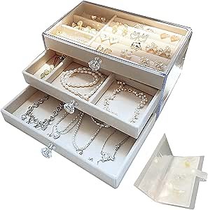 ONEPEACE Acrylic jewelry holder organizer Box with 3 Drawers, Clear Jewelry Box for Necklace and Earring Organizer (Beige)