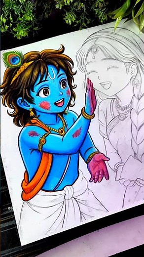 Radha Krishna Holi Drawing Colour 😍✍️, Holi Special Animestyle Krishna #shorts #holi #radhakrishna