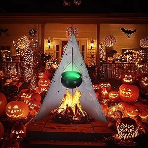 Halloween Decorations Outdoor, DIY Witches Cauldron Black Plastic Bowl Indoor, Halloween Witch Cauldron on Tripod with Lights, Cotton, Spider Web- Candy Bucket Porch Yard Decor