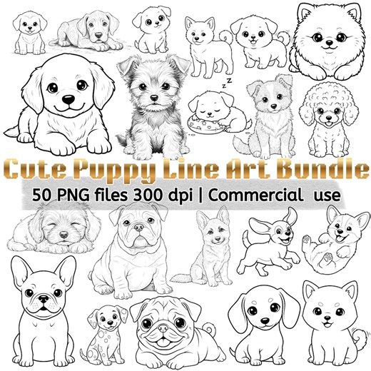 Puppy Coloring Pages, 50 Dog Line Art Illustrations (digital Download, PNG Files) - Etsy