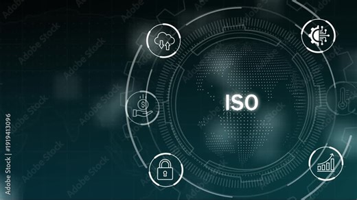 Animated iso certification concept. with Digital Network and Global Connectivity on world map background.