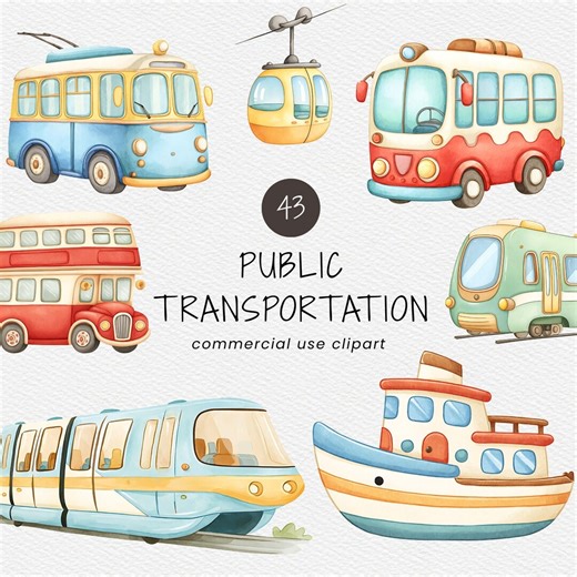 Public Transportation Clipart Pack for Commercial Use, Watercolor Vehicle Graphics, Bus and Train PNG Bundle, (digital Download) - Etsy