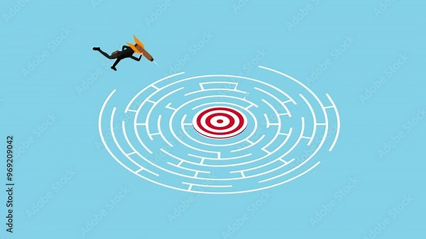 Achieve the business goal. Labyrinth with a targe. Solving business problem. Businessman finds entrance to target in maze 3d animation cartoon