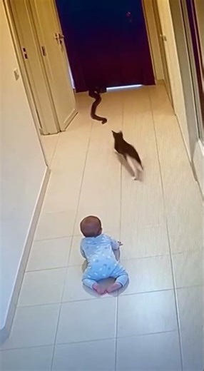 Hallway CCTV low frame rate baby crawling forward snake appear