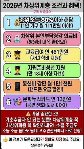 차상위계층 2026년 조건 혜택 총정리 기초수급 안돼도 이것 받습니다 #차상위계층 #복지혜택 #의료비지원