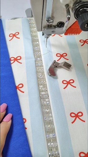 Easy Way to Stitch Bead & Rhinestone Lace Using a Left/Right Presser Foot 🪡🎦 #sewinghacks #shorts