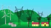 Animation of a wind farm. Simulation of electricity generation...