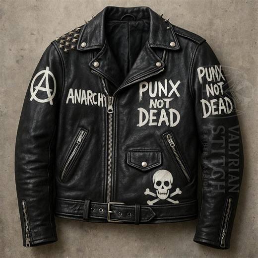 Men’s Punk Studded Leather Jacket | Hand-painted Anarchy Motorcycle Jacket - Etsy