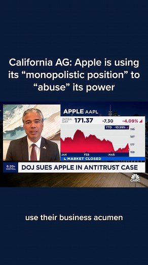 4.5K views · 62 reactions | California AG Rob Bonta on Apple: “They’ve created a moat around their kingdom, keeping customers locked in and blocking out other vendors and developers.” | CNBC | Facebook