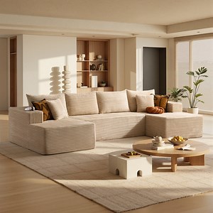 Toject 135" Modular Sectional Sofa, Cloud Modern Sleeper Couch with Chaise Lounge, No Assembly Required, U-shaped Plush Corduroy Sofa Couch for Living Room, Beige