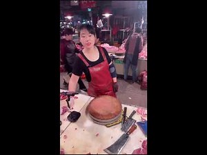 POV Female Butcher Cutting Pork — Real-Time Chinese Meat Market Skills