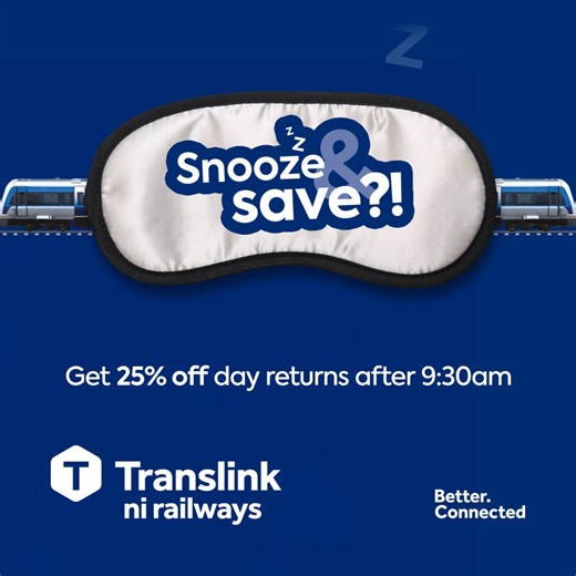 Snooze AND Save with NI Railways 🚅 Travel after 9:30am with NI Railways and save a dreamy 25% on your day return fare. No early alarms. No rush. Just snooze, save and travel. Plan your journey today 👉 http://spkl.io/6003fLHvR | Translink