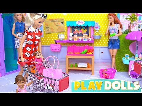 Barbie Girl and Baby Doll Go Grocery Shopping to the Supermarket! PLAY DOLLS family routine