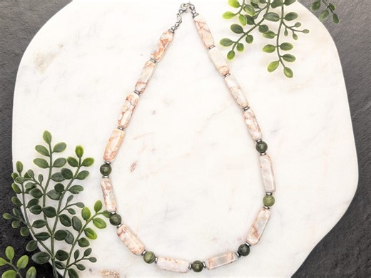 Connemara Marble & Red Line Marble Necklace | Green Irish Marble Beads | Chunky Natural Stone Necklace | Orange White With Silver Hematite - Etsy UK