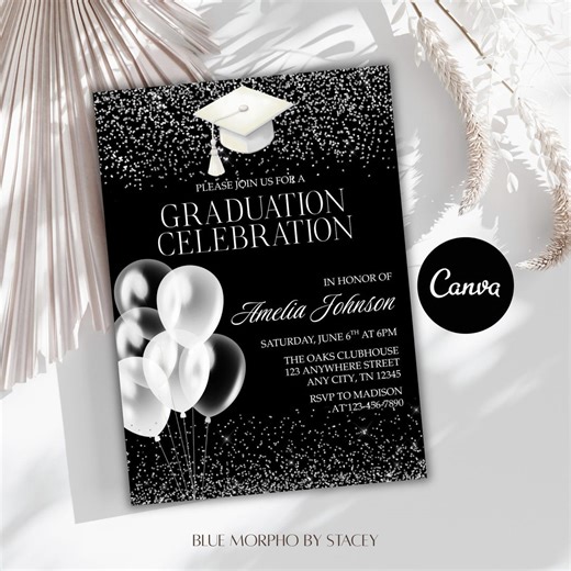 Black & Silver Glitter Graduation Celebration Invitation | Graduation Event (Canva Template)