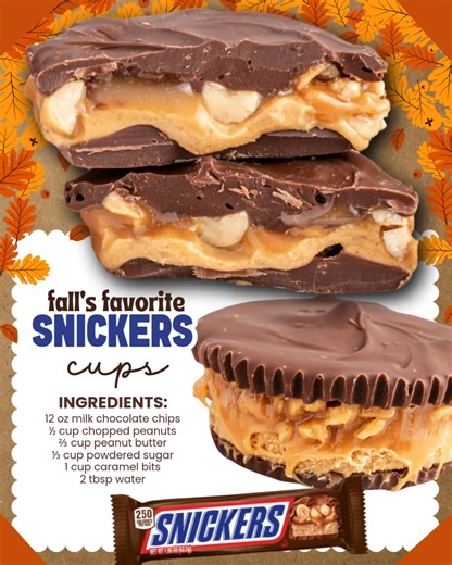 SNICKERS CUPS -- sweet, simple & better than store-bought! INGREDIENTS ⬇️ 12 oz milk chocolate chips 1 cup caramel bits 2 tbsp water ½ cup chopped peanuts ⅔ cup creamy peanut butter ⅓ cup powdered sugar 🖨️ SAVE this RECIPE for LATER!! | The Best Blog Recipes