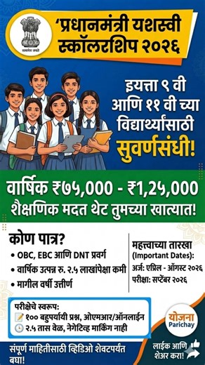 इयत्ता ९ वी व ११ वी साठी मोठी बातमी! ₹१.२५ लाख स्कॉलरशिप | PM YASASVI SCHOLARSHIP 2026 🎓✨
