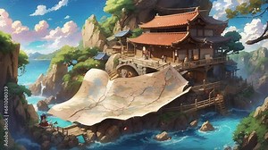 Enchanting 3D Scenes of a Treasure Map in Japanese Anime Style. Seamless Looping Video Animated Background. 4K High Resolution.