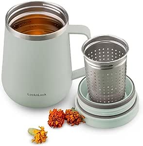 LocknLock Metro Tea Mug Mint 13oz/400ml, Tea and Coffee Mug Cups with Tea Infuser Strainer, Lid and Handle, Double Wall Stainless Steel Vacuum Insulated Travel Tumbler