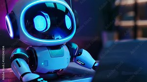 Cute friendly artificial intelligence robot using laptop computer with white and blue neon glow light, chatbot and AI assistant concept futuristic technology