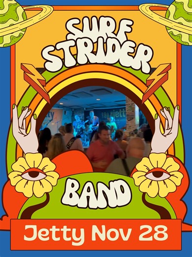 Last Surf Strider Band live show of the year - Friday Novemebr 28th at the Jetty. Doors at 9pm. We can't wait to see our friends at the Jetty. #SurfStriderBand #SurfStriderLive #TheJettyMarshfield #MarshfieldMA #LiveMusicMA #MassachusettsMusic #RockShow #IndieRockLive #LiveAtTheJetty #FridayNightVibes #EastCoastMusic #GoodVibesOnly #LiveBands #SupportLocalMusic #ConcertNight | Surf Strider Band