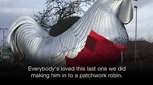 Happy Birthday to the Dorking cockerel! It was designed and made by the Fire and Iron Gallery in Leatherhead and was put on the Deepdene roundabout this weekend in 2007. Since then he's been dressed in all sorts of fancy outfits by guerrilla knitters. (Opening image courtesy of Tony Croydon.) | BBC Surrey