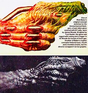 Sketch to Screen: Two design for the concept art of the "Flesh Gun" made by Baker, including a design complete with eyes, a mouth & foreskin (bottom illustration). Made during the development of #Videodrome #conceptart #DavidCronenberg #bodyhorror | The House of Cinema | Facebook