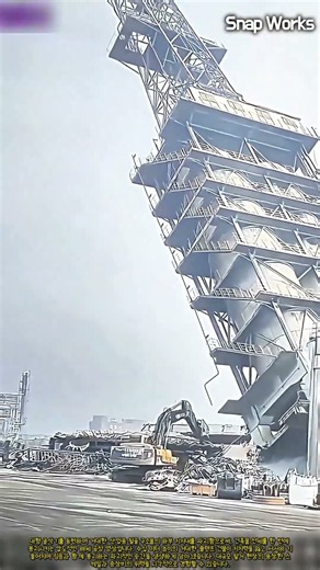 굴삭기를 이용한 산업용 철골 타워 하부 철거 및 붕괴 유도 과정 #worker #process #demolition #excavator #collapse