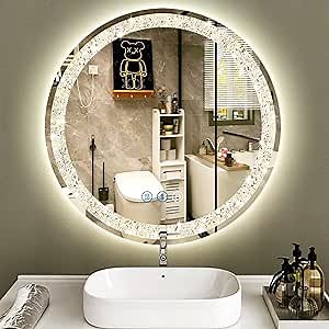 THEKLA Crystal Round Lighted Mirror for Bathroom Makeup Wall Mounted 20 inch Crystal Round Vanity Mirror with Lights Smart Memory 3 Color Dimmable AntiFog 20" Diamond Circle LED Light up Mirrors
