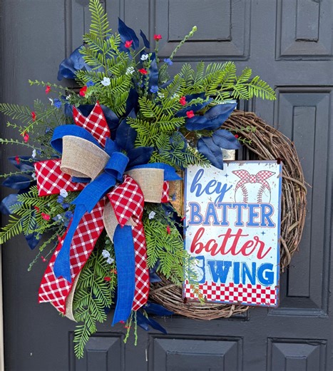 Baseball Door Wreath – Hey Batter Batter Swing Wreath – Baseball Decor – Patriotic Baseball Wreath – Front Door Summer Wreath – Baseball Mom - Etsy