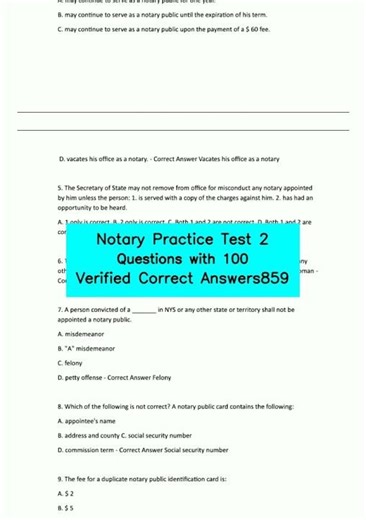 Notary Practice Test 2 Questions with 100 Verified Correct Answers859 video