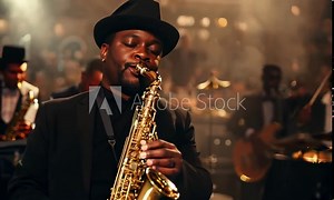 A jazz band captivates the audience with soulful tunes. African-American musicians in stylish black suits and hats, the saxophonist delivers an unforgettable solo