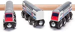 Maxim Enterprise, inc. Double Decker Wooden Train Set of 2 Engines & 1 Passenger Car, Multi-Level Commuter Transit Toy, Compatible with Thomas & Friends, BRIO, Other Major Brand Railways